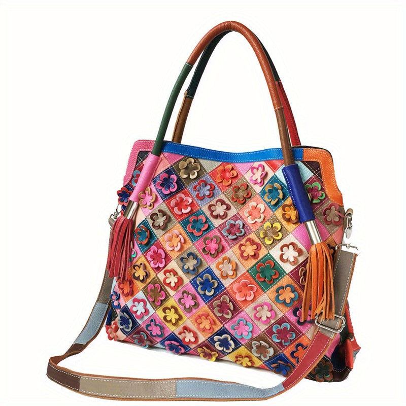 Retro 3D Flower Embroidery Tote Bag, Women's Colorblock Patchwork Purse, Large Capacity Genuine Leather Crossbody Bag