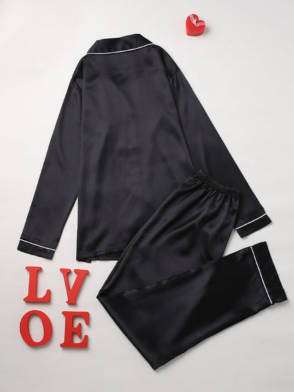 Solid Pajama Set, Long Sleeve Button Up Lapel Top & Pants Pj Set, Women's Sleepwear & Loungewear