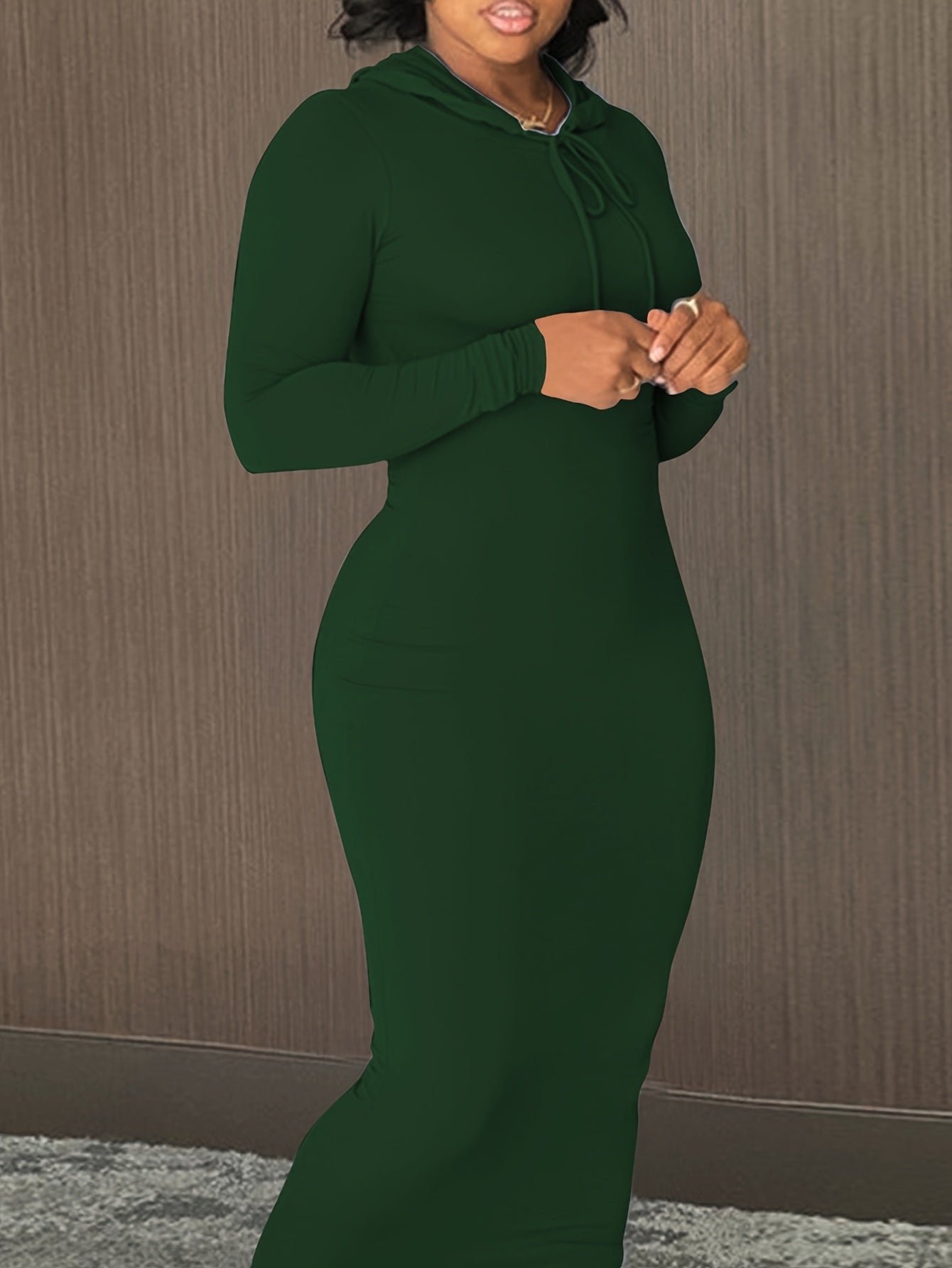 Cozy Winter Hooded Lounge Dress - Casual Wrap Style with High Elasticity, Easy Care, Long Sleeve Knit for Women