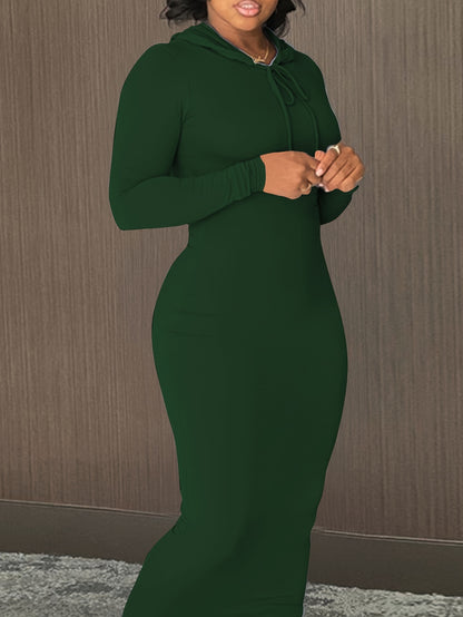 Cozy Winter Hooded Lounge Dress - Casual Wrap Style with High Elasticity, Easy Care, Long Sleeve Knit for Women