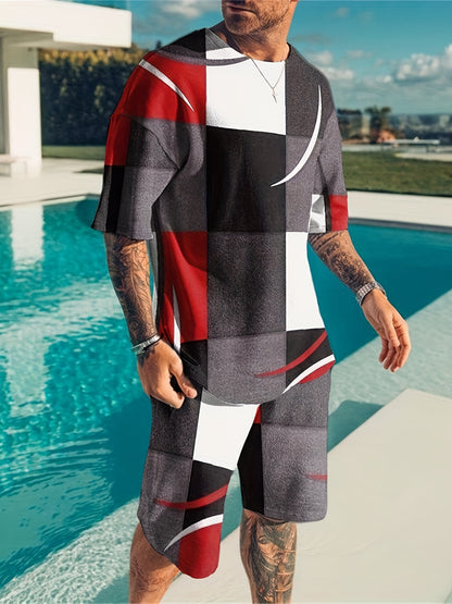 2pcs Sports Set, Men's Comfy Crew Neck Plaid Tee & Active Slightly Stretch Breathable Pants For Outdoor Activities