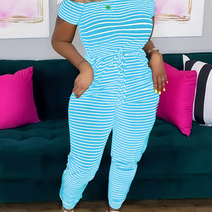Striped Off Shoulder Drawstring Jumpsuit, Casual Short Sleeve Slim Jumpsuit For Spring & Summer, Women's Clothing