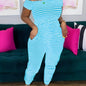 Striped Off Shoulder Drawstring Jumpsuit, Casual Short Sleeve Slim Jumpsuit For Spring & Summer, Women's Clothing