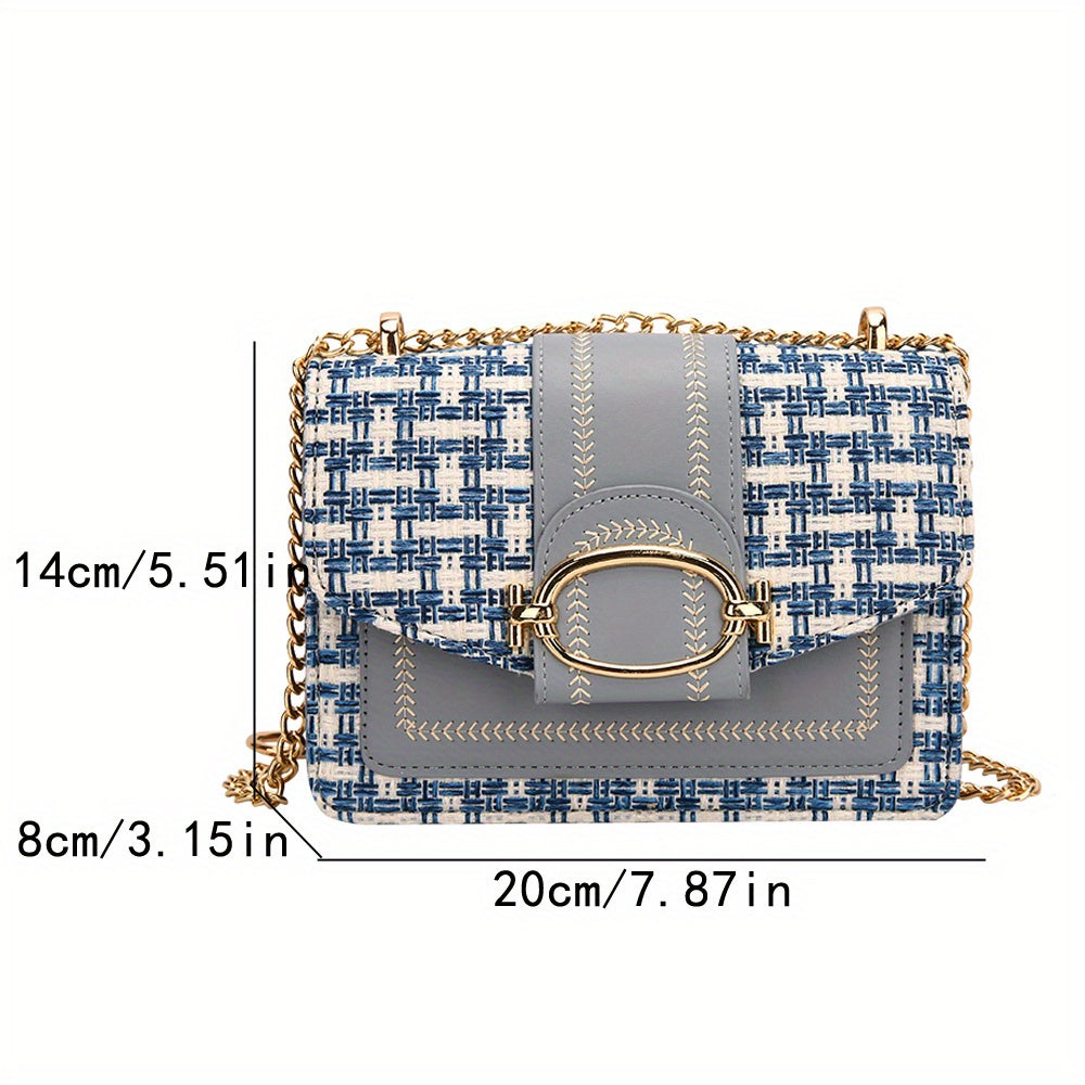 Mini Plaid Pattern Tweed Bag, Buckle Decor Shoulder Square Bag, Chain Crossbody Flap Purse For Everyday