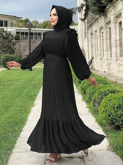 Ramadan Elegant Long Length Kaftan Dress - Polyester Solid Color Belted Maxi Dress with Ruffle Trim, Machine Washable, Casual Wear for All Seasons
