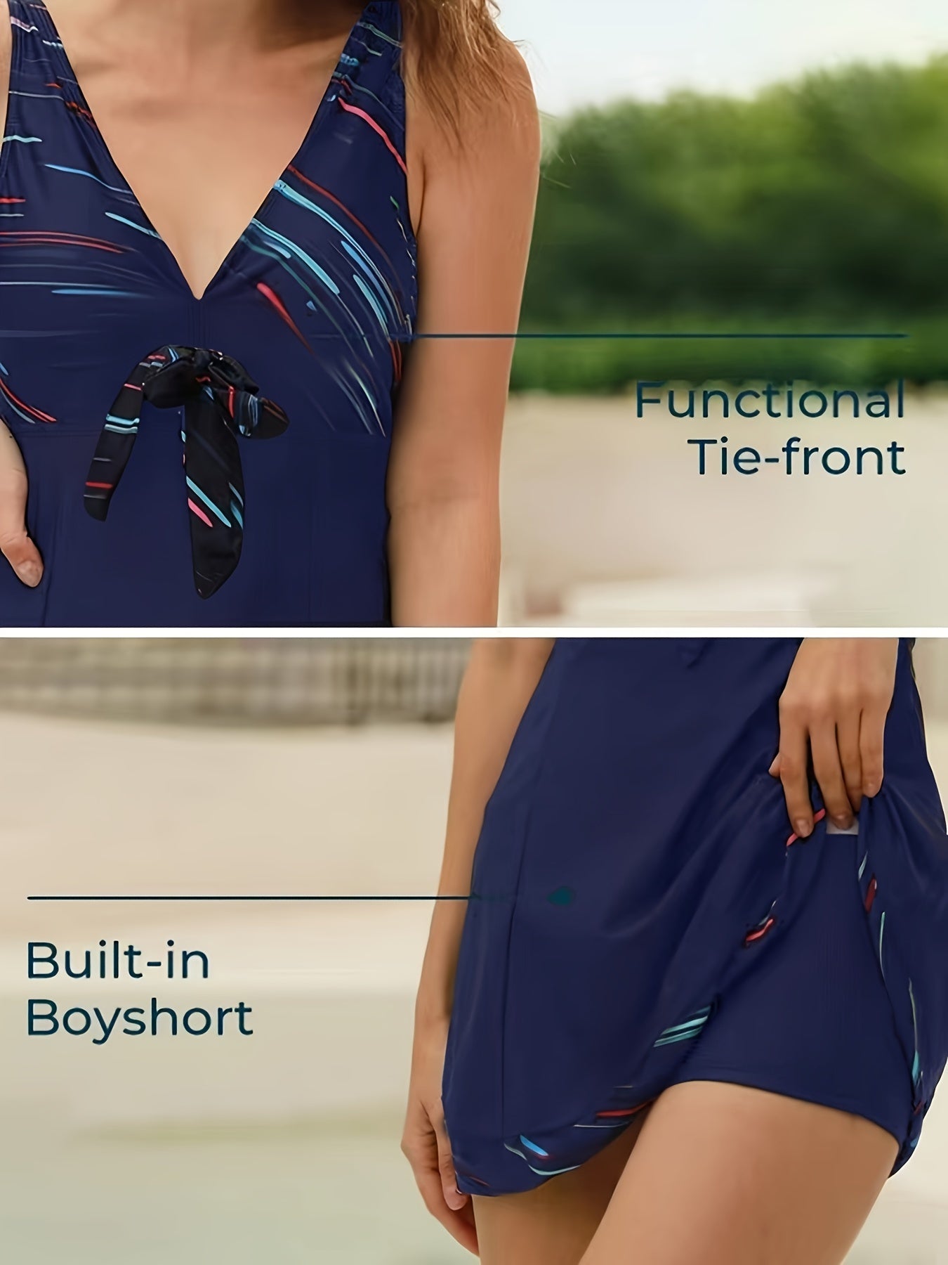 Plus Size Womens Vibrant Floral Print Tie Front V Neck One Piece Swimsuit - High Stretch, Comfortable, Vacation Essential - Polyester Knit Fabric, Random Printing, No Sheer