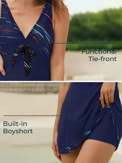 Plus Size Womens Vibrant Floral Print Tie Front V Neck One Piece Swimsuit - High Stretch, Comfortable, Vacation Essential - Polyester Knit Fabric, Random Printing, No Sheer