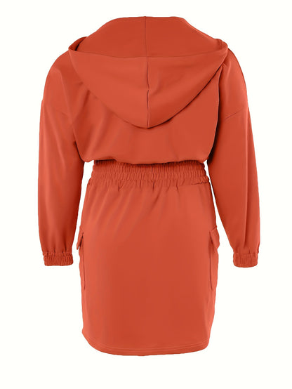 Plus Size Elegant Tunic Dress - Hooded, Shirred, Nipped Waist, Long Sleeve, Bodycon, Midi Length, Solid Color, Polyester, Machine Washable, Pocket Detail