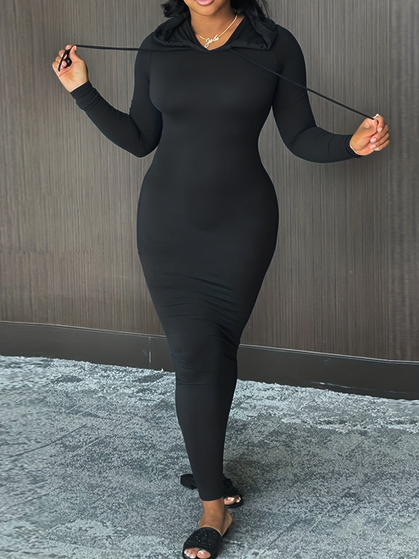 Cozy Winter Hooded Lounge Dress - Casual Wrap Style with High Elasticity, Easy Care, Long Sleeve Knit for Women