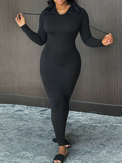 Cozy Winter Hooded Lounge Dress - Casual Wrap Style with High Elasticity, Easy Care, Long Sleeve Knit for Women