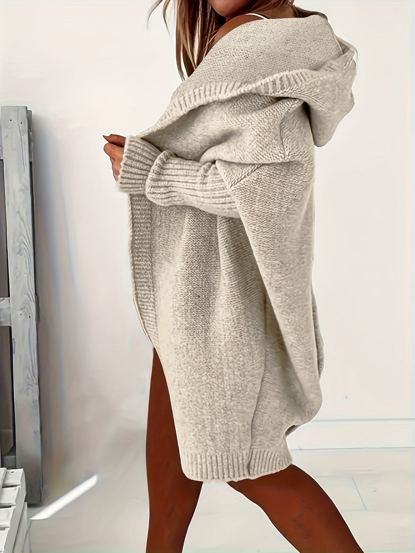 Plus Size Casual Cardigan, Women's Plus Solid Stitching Long Sleeve Hooded Open Front Slight Stretch Sweater Cardigan