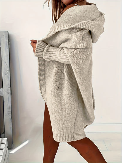 Plus Size Casual Cardigan, Women's Plus Solid Stitching Long Sleeve Hooded Open Front Slight Stretch Sweater Cardigan