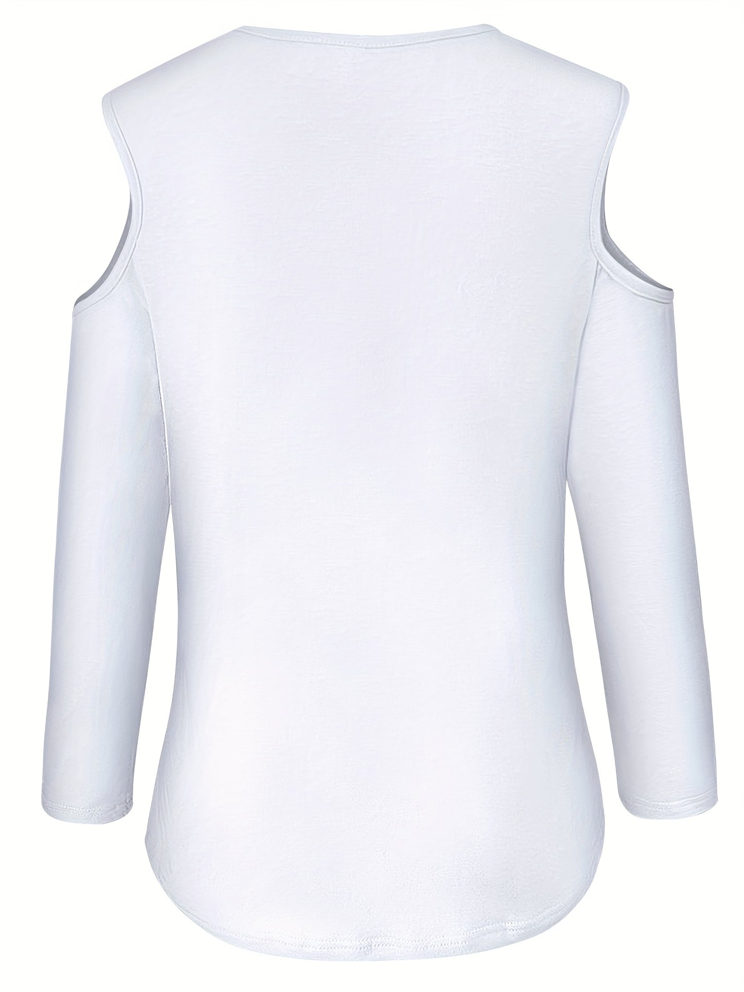 Solid Ring Detail Crew Neck T-Shirt, Casual Cold Shoulder Long Sleeve Top For Spring & Fall, Women's Clothing