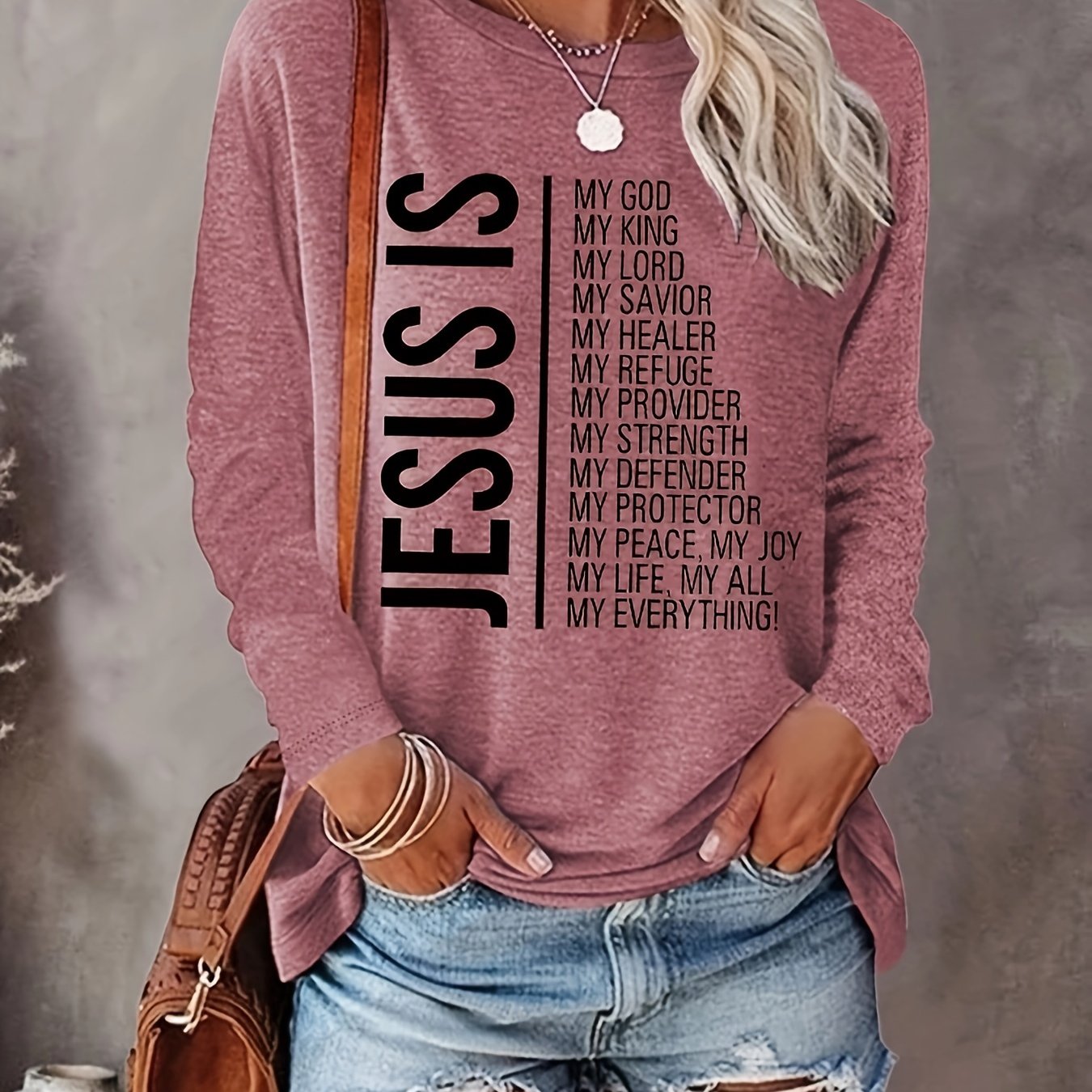 Jesus Print Crew Neck T-shirt, Casual Long Sleeve Top For Spring & Fall, Women's Clothing