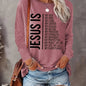 Jesus Print Crew Neck T-shirt, Casual Long Sleeve Top For Spring & Fall, Women's Clothing