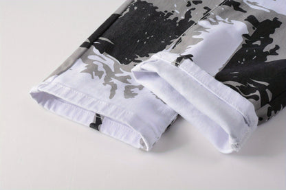 Men's Trendy Camouflage Jeans, Casual Mid Stretch Breathable Straight Leg Slim Fit Trousers For Outdoor Hiking Trekking