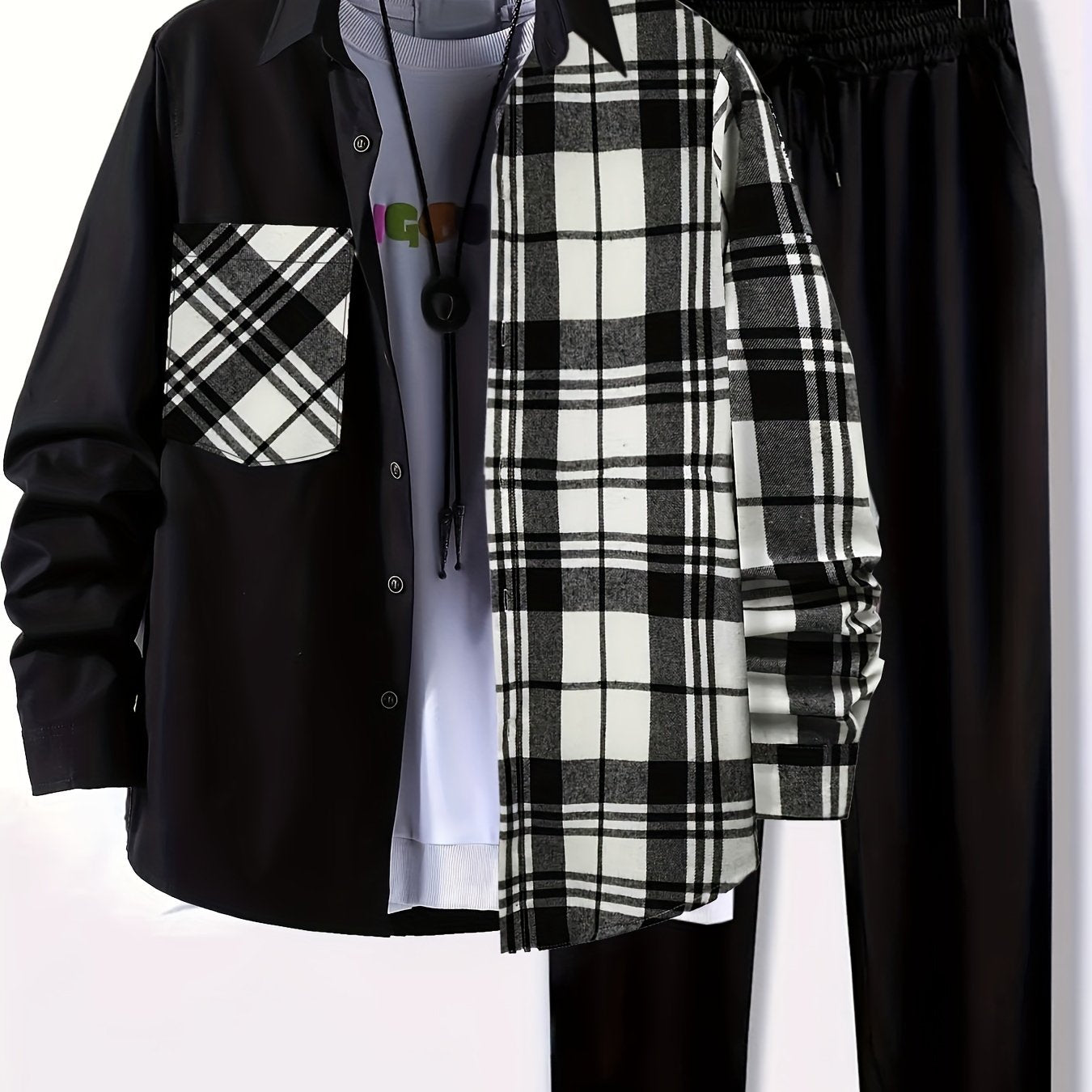 Plus Size Men's Plaid Shirt & Pants Set For Spring/autumn, Oversized Loose Fit 2Pcs Outfits For Workout/outdoor, Men's Clothing