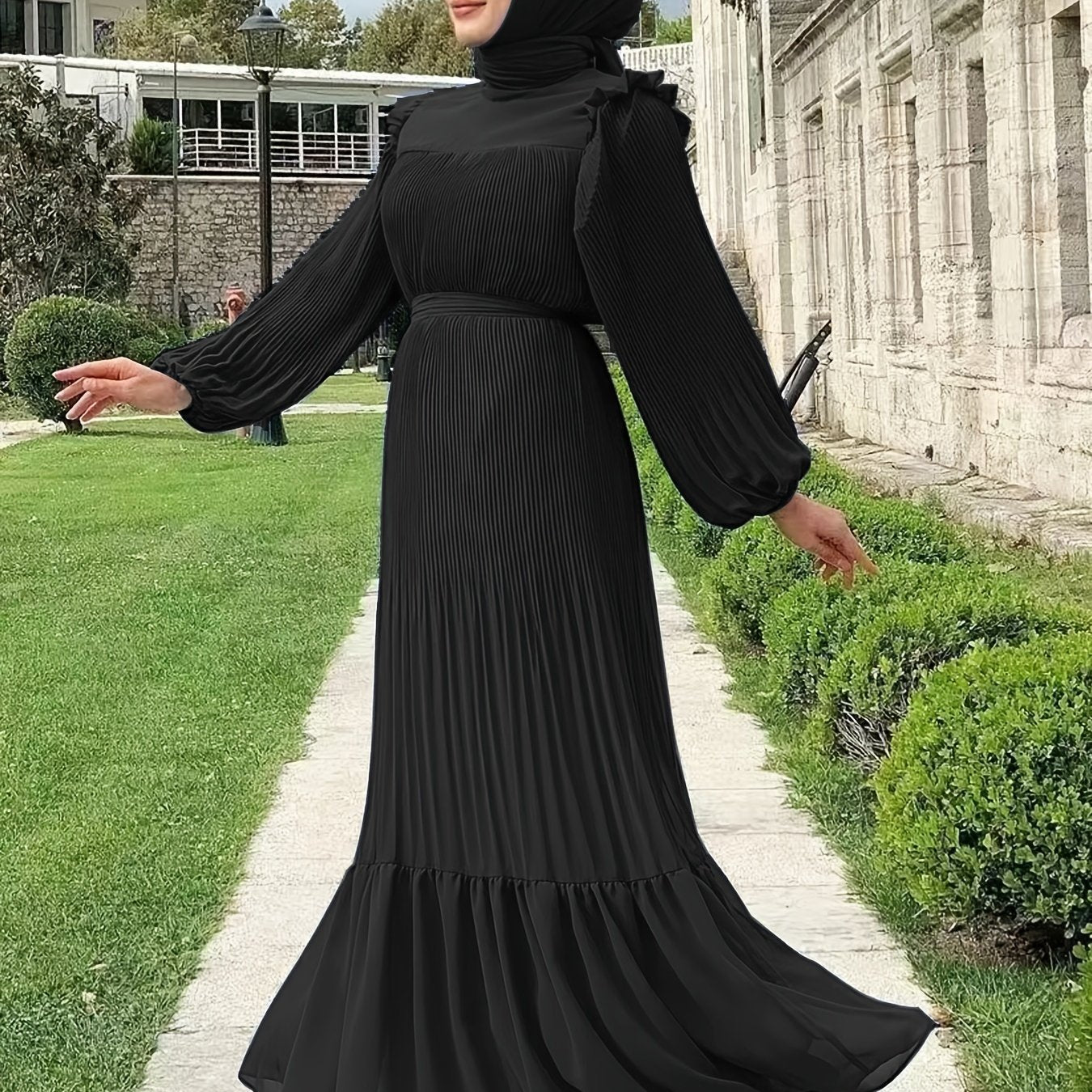 Ramadan Elegant Long Length Kaftan Dress - Polyester Solid Color Belted Maxi Dress with Ruffle Trim, Machine Washable, Casual Wear for All Seasons