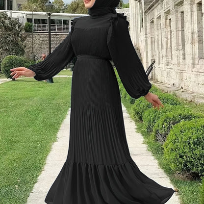 Ramadan Elegant Long Length Kaftan Dress - Polyester Solid Color Belted Maxi Dress with Ruffle Trim, Machine Washable, Casual Wear for All Seasons