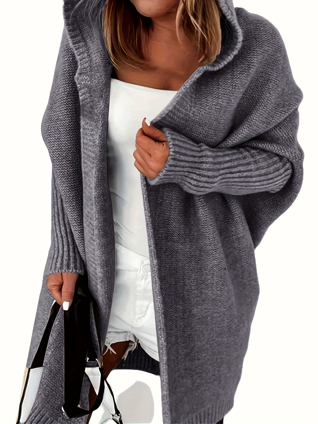Plus Size Casual Cardigan, Women's Plus Solid Stitching Long Sleeve Hooded Open Front Slight Stretch Sweater Cardigan