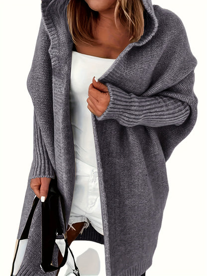Plus Size Casual Cardigan, Women's Plus Solid Stitching Long Sleeve Hooded Open Front Slight Stretch Sweater Cardigan