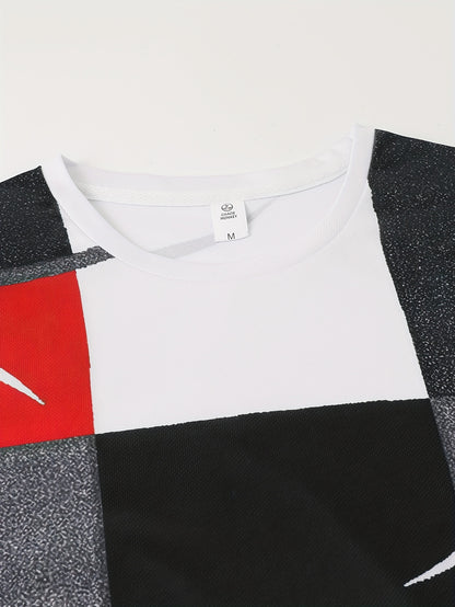 2pcs Sports Set, Men's Comfy Crew Neck Plaid Tee & Active Slightly Stretch Breathable Pants For Outdoor Activities