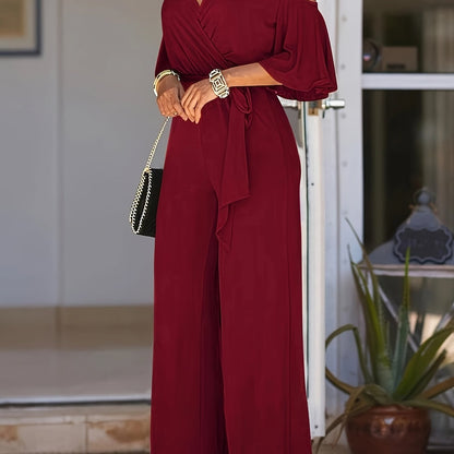 Solid Cold Shoulder V-neck Jumpsuit, Elegant Half Sleeve Jumpsuit For Spring & Summer, Women's Clothing