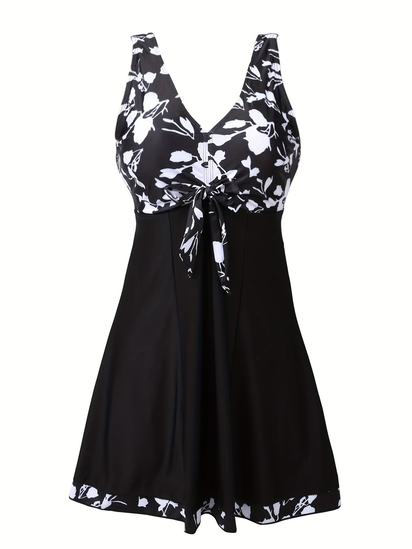 Plus Size Womens Vibrant Floral Print Tie Front V Neck One Piece Swimsuit - High Stretch, Comfortable, Vacation Essential - Polyester Knit Fabric, Random Printing, No Sheer