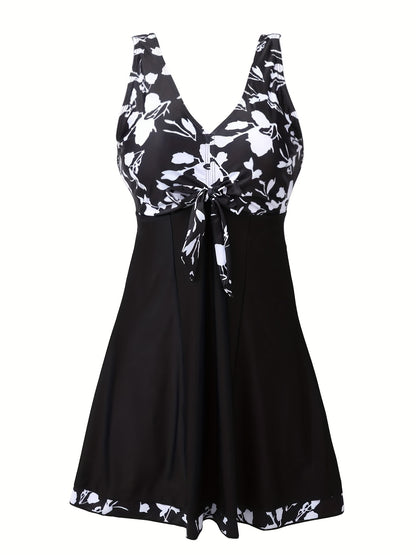 Plus Size Womens Vibrant Floral Print Tie Front V Neck One Piece Swimsuit - High Stretch, Comfortable, Vacation Essential - Polyester Knit Fabric, Random Printing, No Sheer