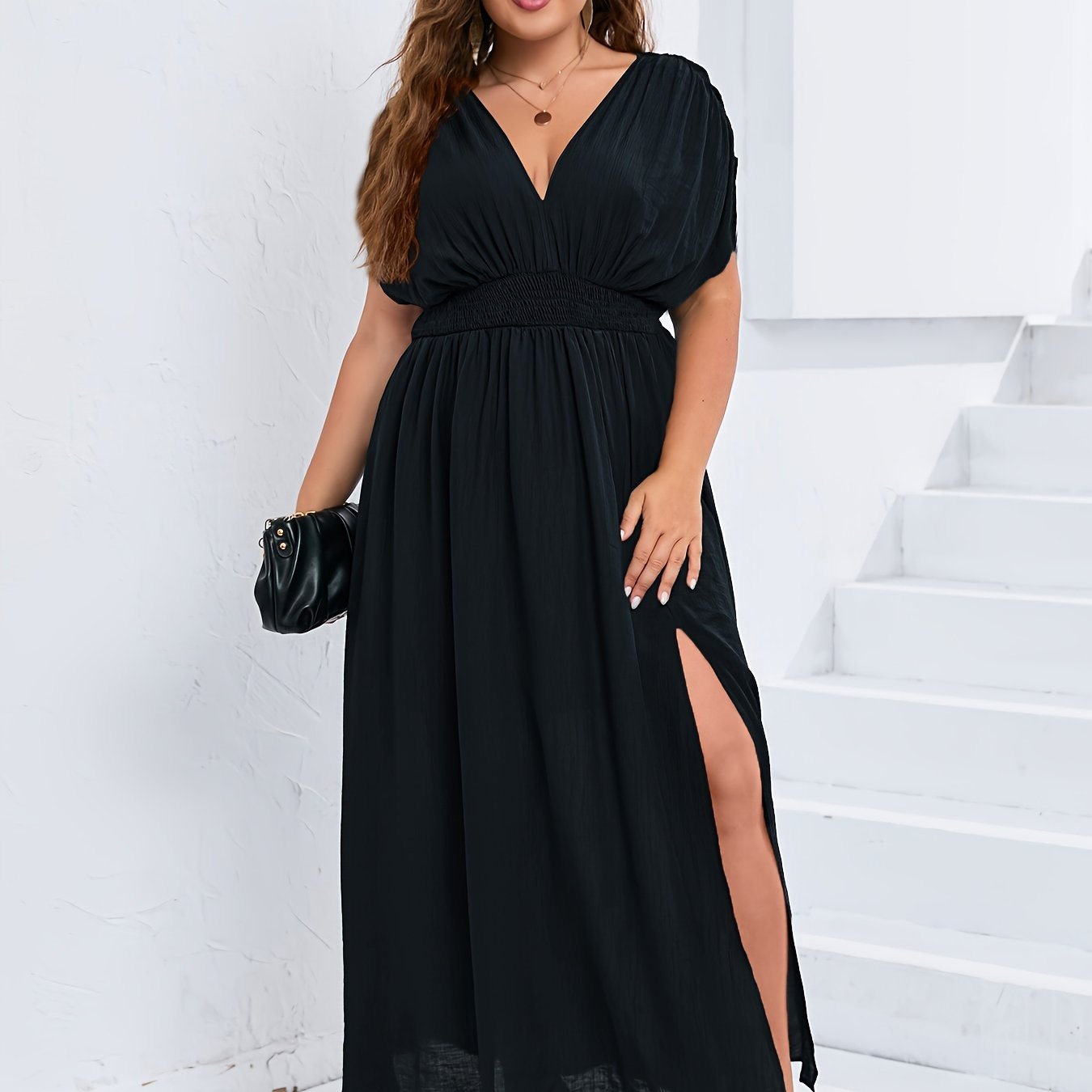Plus Size Glamorous Maxi Dress - Flattering Ruched Solid Batwing Dress with V Neck & Side Split - Effortless Flowy Style for Women