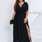 Plus Size Glamorous Maxi Dress - Flattering Ruched Solid Batwing Dress with V Neck & Side Split - Effortless Flowy Style for Women