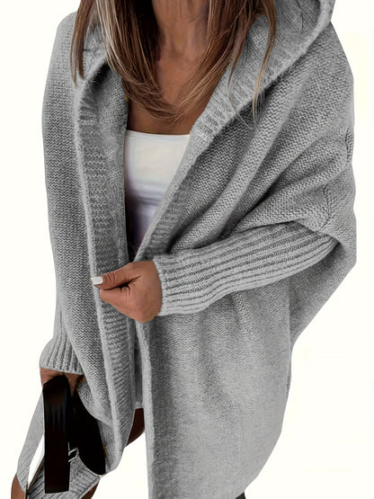Plus Size Casual Cardigan, Women's Plus Solid Stitching Long Sleeve Hooded Open Front Slight Stretch Sweater Cardigan
