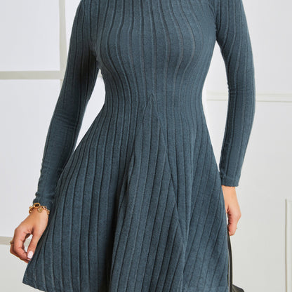 Solid Ribbed Dress, Casual Mock Neck Long Sleeve Dress, Women's Clothing