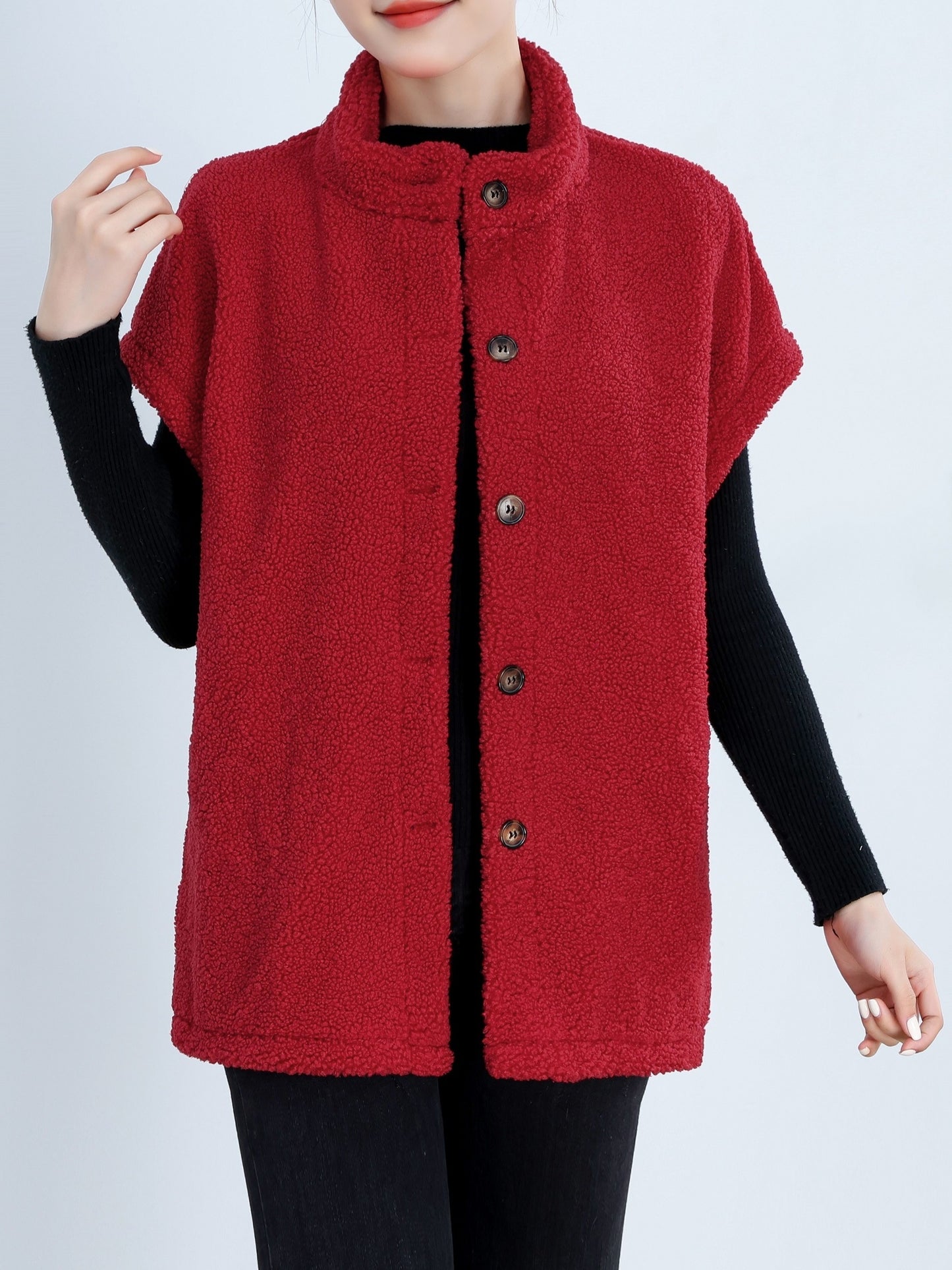 Womens Chic Button Front Teddy Vest - Lightweight Fleece, Short Sleeve, Solid Colors - Perfect for Layering, Stylish & Versatile Wardrobe Staple