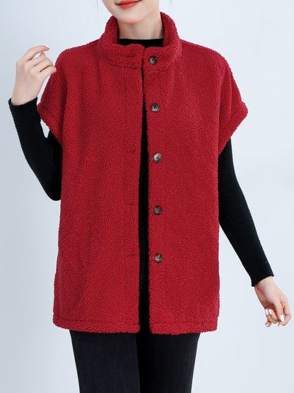 Womens Chic Button Front Teddy Vest - Lightweight Fleece, Short Sleeve, Solid Colors - Perfect for Layering, Stylish & Versatile Wardrobe Staple