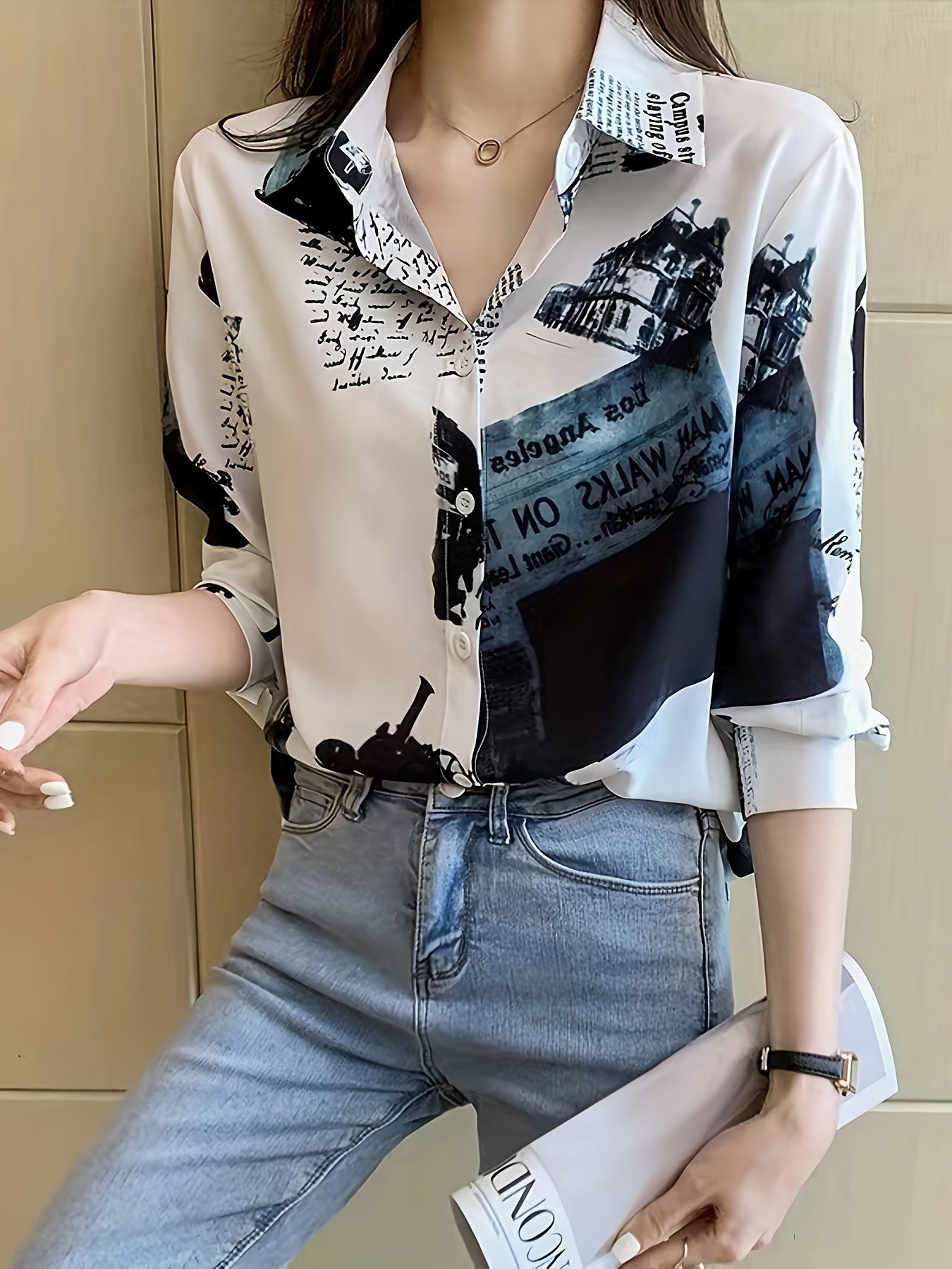 Chic Vintage-Inspired Women's Long Sleeve Blouse - Casual Polyester Chiffon Shirt with Unique Newspaper Print, Machine Washable, Perfect for Spring/Fall