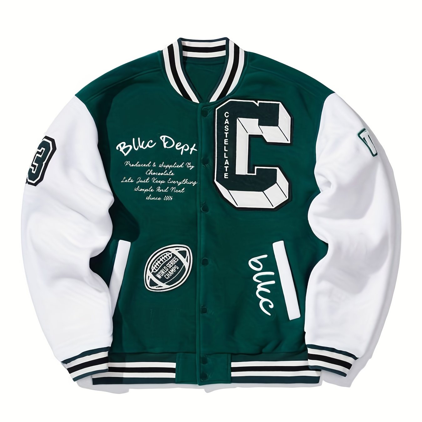 Mens Fashionable Letter Print Varsity Jacket - Color Block Button Up for Spring/Fall - Casual Style Perfect for School or Baseball