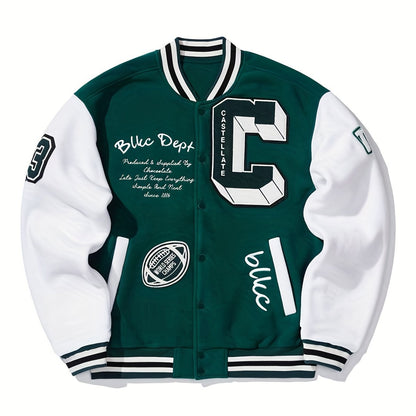 Mens Fashionable Letter Print Varsity Jacket - Color Block Button Up for Spring/Fall - Casual Style Perfect for School or Baseball