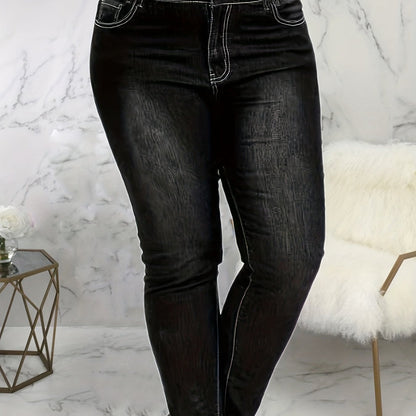 Plus Size High Waist Skinny Jeans - Ultra-Stretchy & Button-Up Design - Flattering Solid Color for Curvy Women