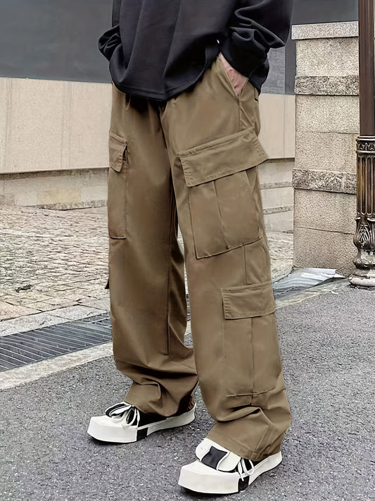 Men's Loose Casual Outdoor Cargo Pants - Multi Flap Pocket Trousers - Trendy Solid Work Pants for Streetwear Hip Hop Style