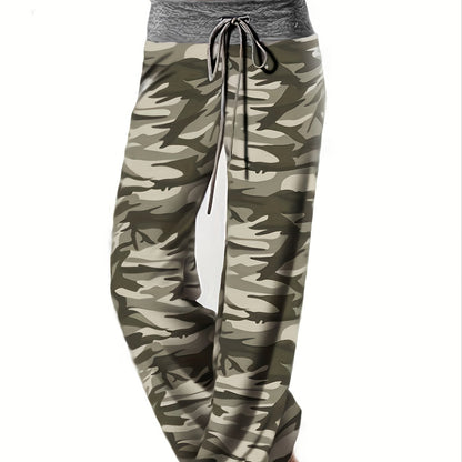 Plus Size Floral Print High Rise Drawstring Long Pants, Women's Plus Slight Stretch Loose Casual Pants