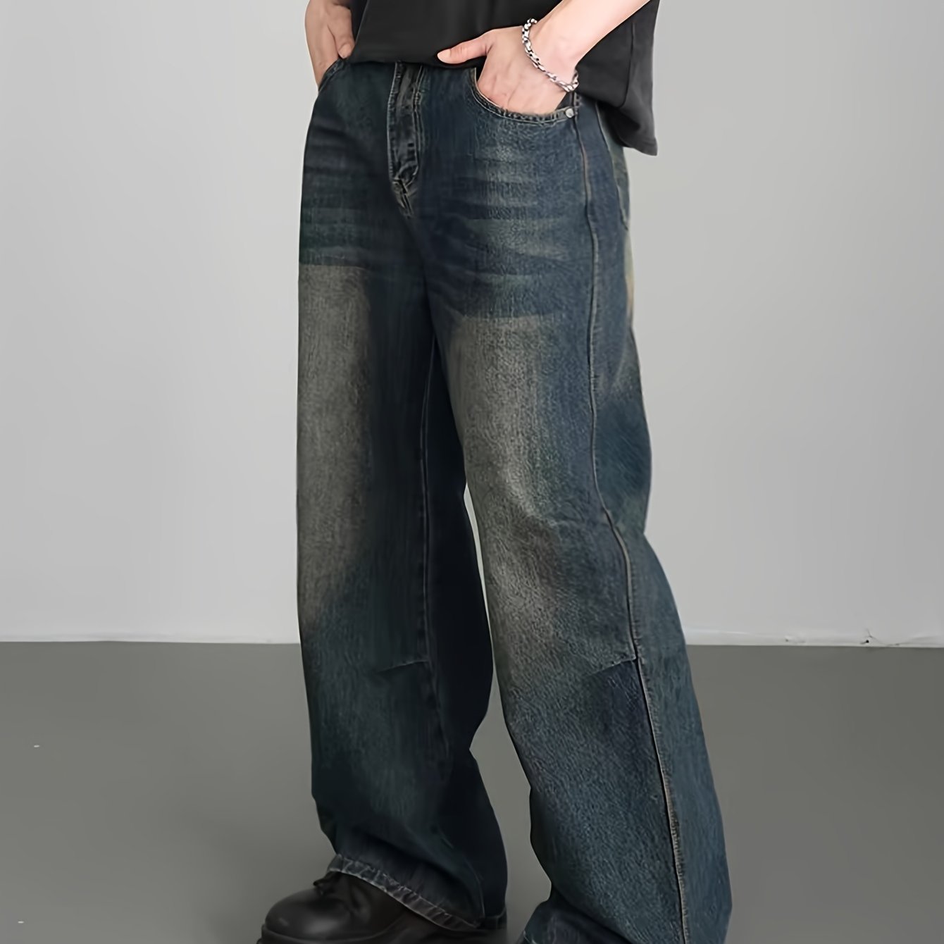 Men's Casual Wide Leg Jeans, Street Style Loose Fit Distressed Denim Pants