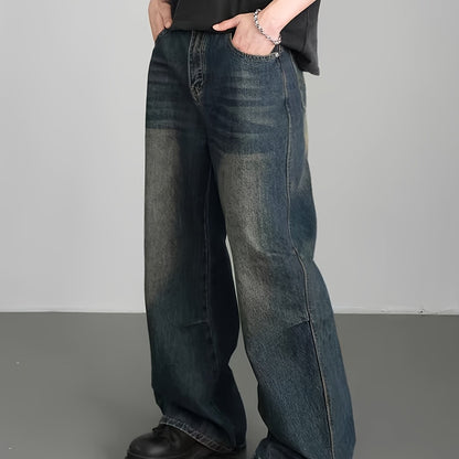 Men's Casual Wide Leg Jeans, Street Style Loose Fit Distressed Denim Pants