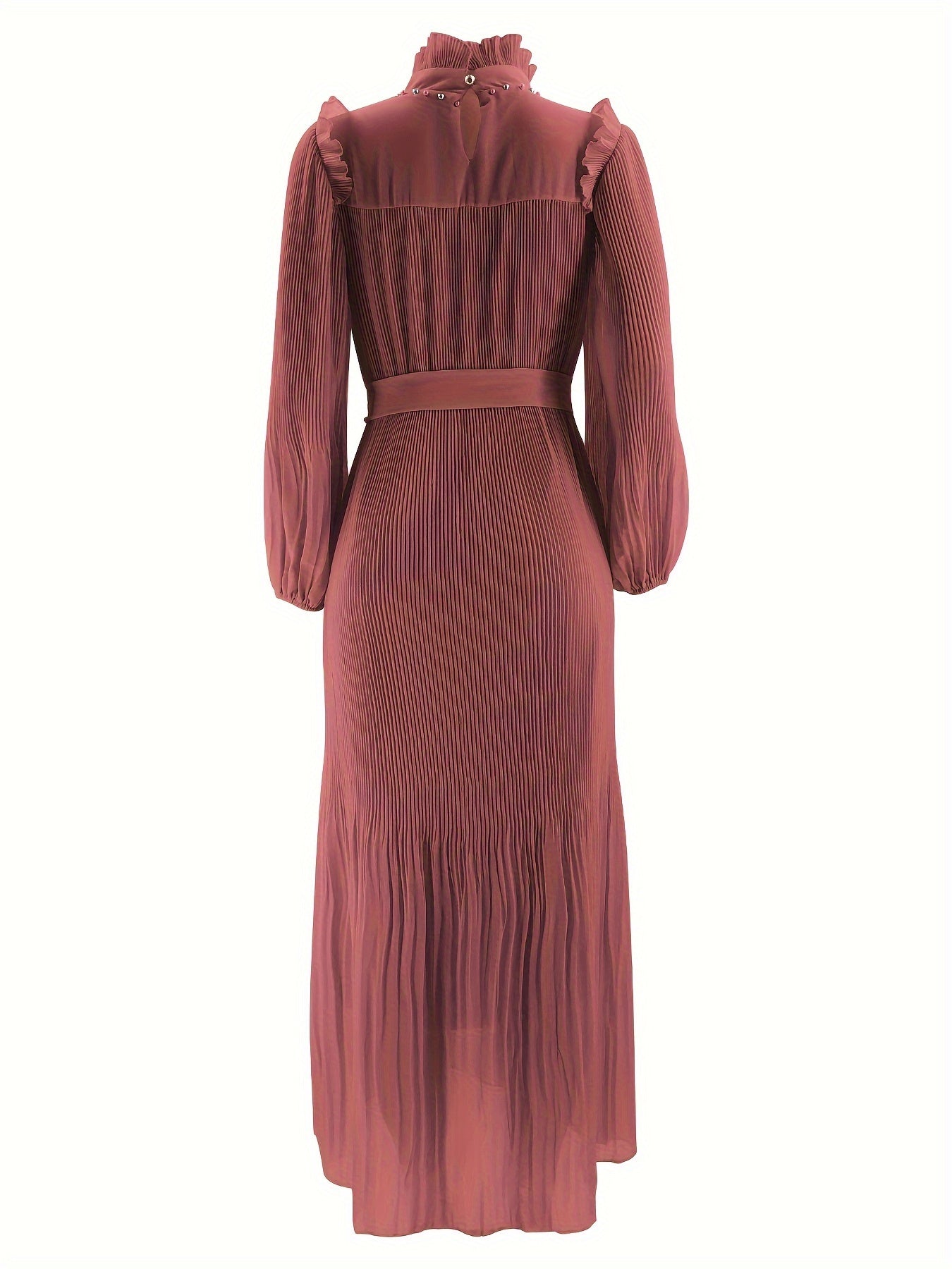 Elegant Pleated Maxi Dress for Women - Solid Color, Belted Waist, Long Sleeve, Machine Washable - Perfect for Ramadan & Casual Attire