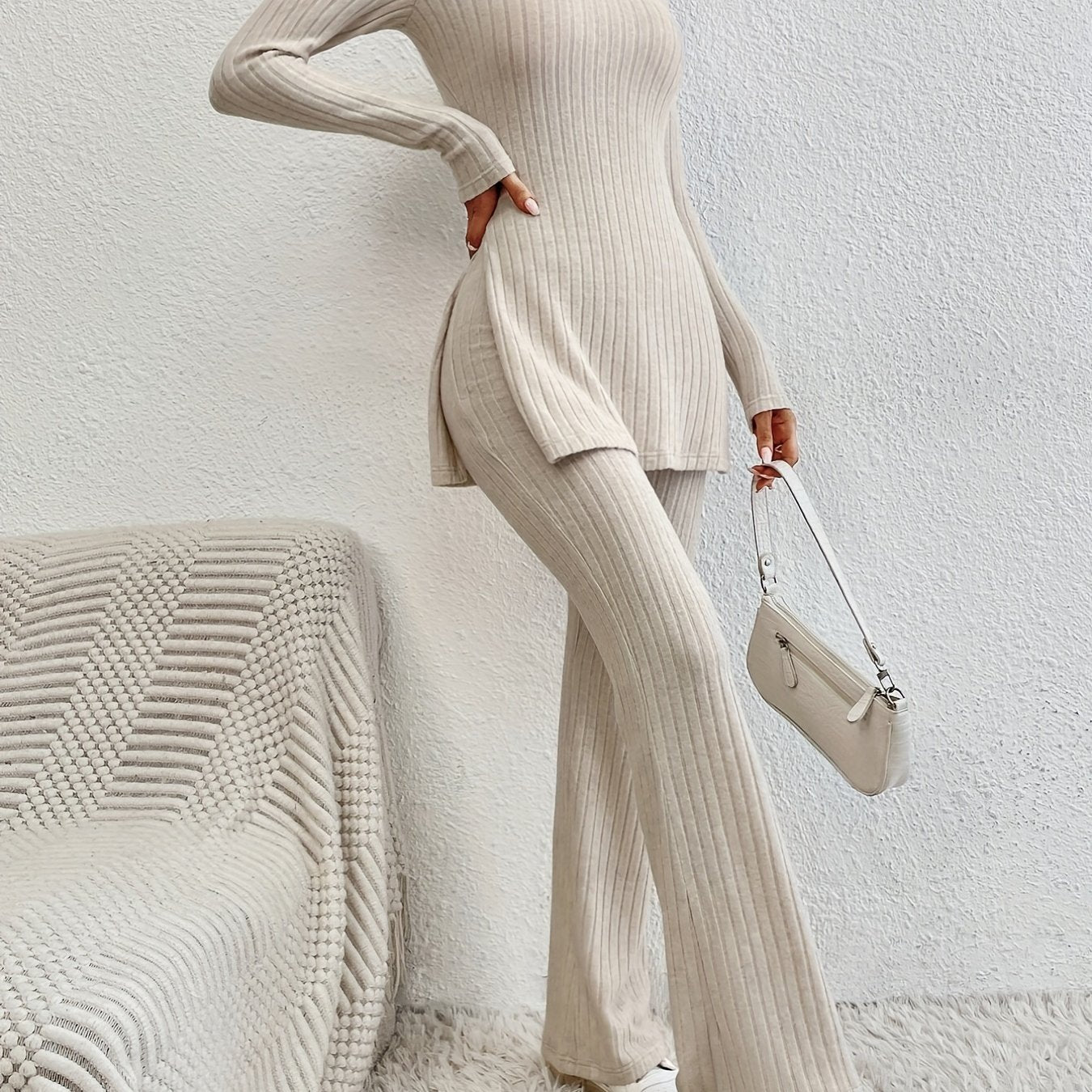 Solid Ribbed Lounge Set, Long Sleeve Side Split Top & Elastic Waistband Pants, Women's Loungewear & Sleepwear