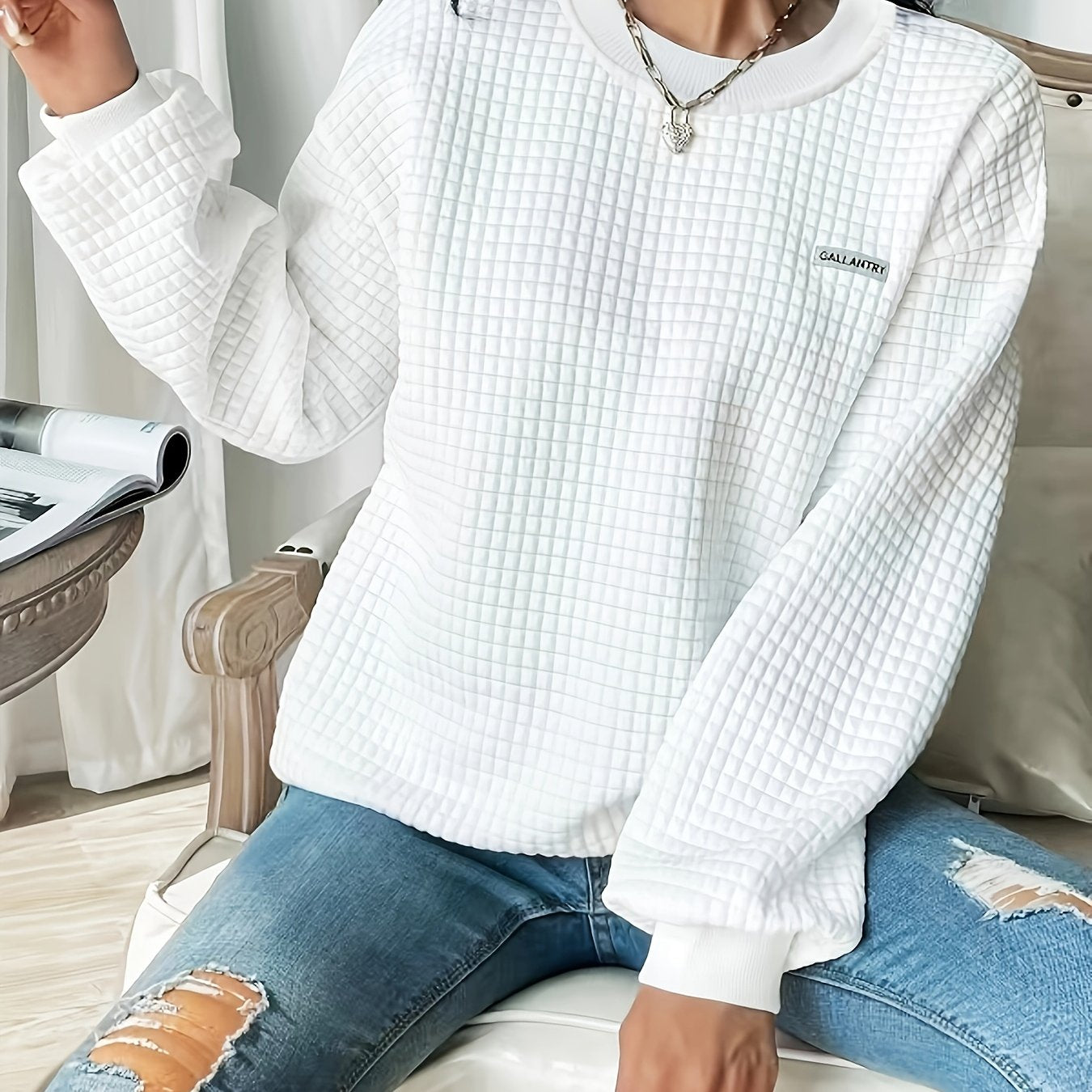 Waffle Loose Sweatshirt, Casual Long Sleeve Crew Neck Sweatshirt, Women's Clothing