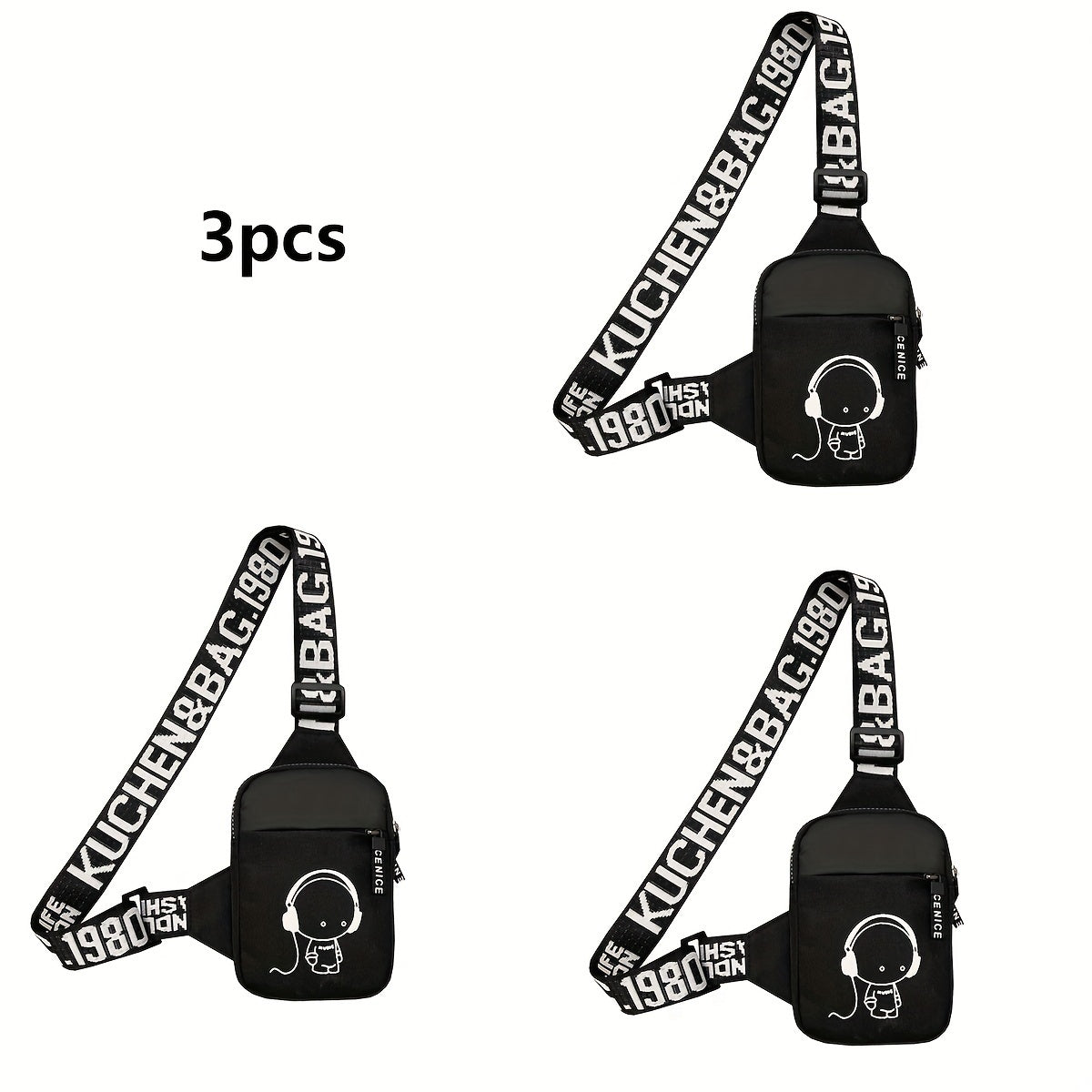 Trendy Nylon Crossbody Chest Bag for Men - Stylish Sports Waistpack with Headphone Jack Design, Black & White Letter Print Strap, Compact Size for Casual or Active Use