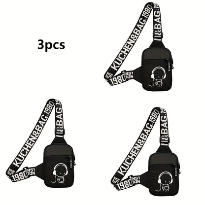 Trendy Nylon Crossbody Chest Bag for Men - Stylish Sports Waistpack with Headphone Jack Design, Black & White Letter Print Strap, Compact Size for Casual or Active Use