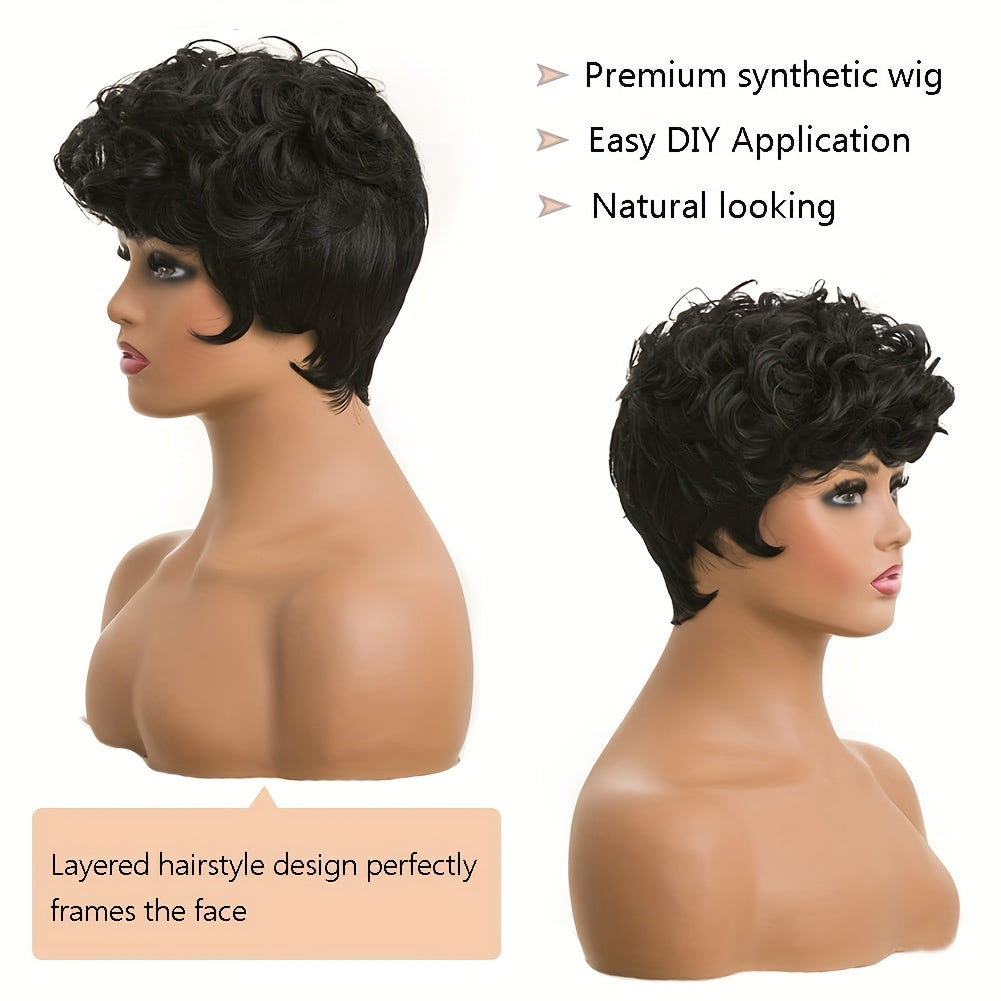 Flattering Short Curly Pixie Wig with Versatile Bangs - Lustrous Synthetic Hair, Easy for Beginners, Heat Resistant and Durable