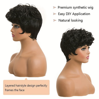 Flattering Short Curly Pixie Wig with Versatile Bangs - Lustrous Synthetic Hair, Easy for Beginners, Heat Resistant and Durable
